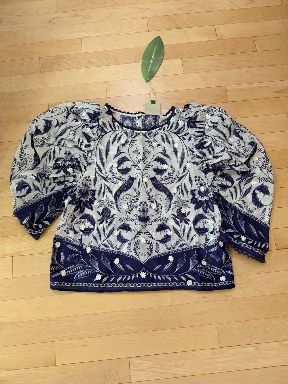 FARM Rio Blue and White Botanical Puff-Sleeve Top - Picture 6 of 7